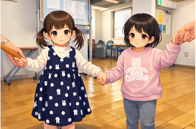 リトミッククラスお友達と手を繋いだアニメ風写真